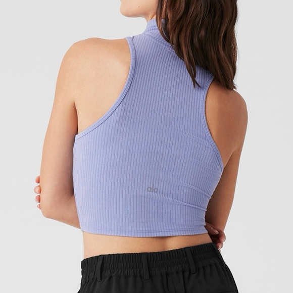 Alo Ribbed Sea Coast Cropped Turtleneck Tank - Lilac Blue M - Picture 1 of 4